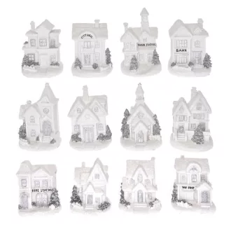   Téli Házikó Ledes, Elemes Poly 7X6X10 Cm Fehér, Ezüst 12 Féle
