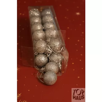 Műanyag gömb dobozban ezüst glitteres 3 cm