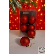  Műanyag gömb dobozban 6 cm piros glitteres