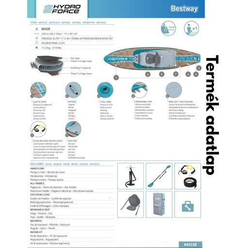 Bestway Felfújható SUP ülőkével HYDRO-FORCE Freesoul Elite 2 az 1-ben 335 × 84 × 15 cm (6532E)