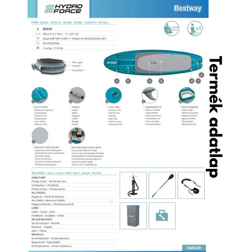 Bestway Hydro-Force Aqua Drifter View Felfújható SUP szett (2026) 335 x 91, 5 x 15 cm (6532H)